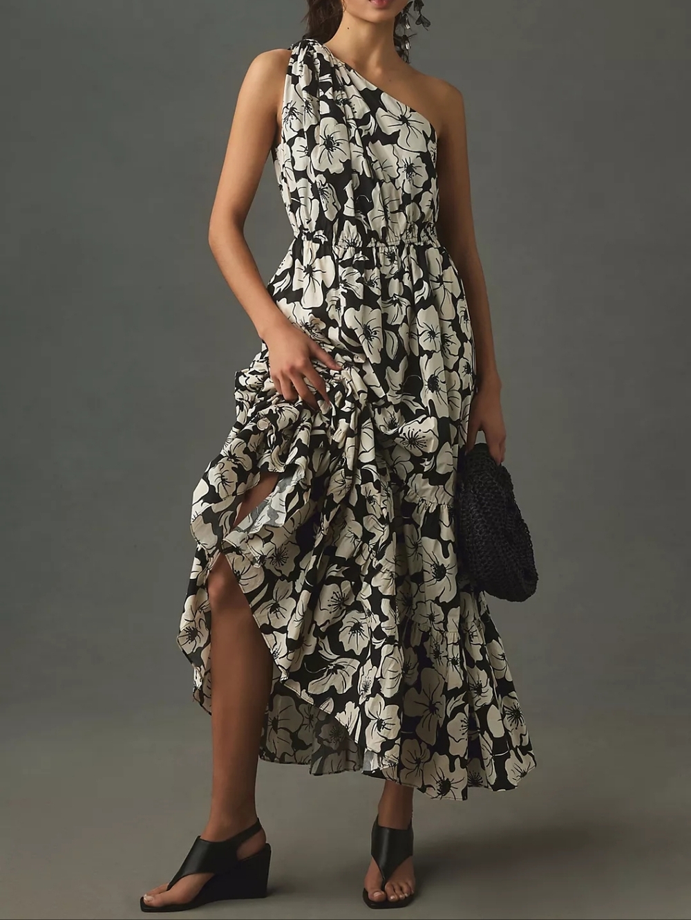 Anthropologie English Factory Black And Off White One-Shoulder A-Line Maxi Dress